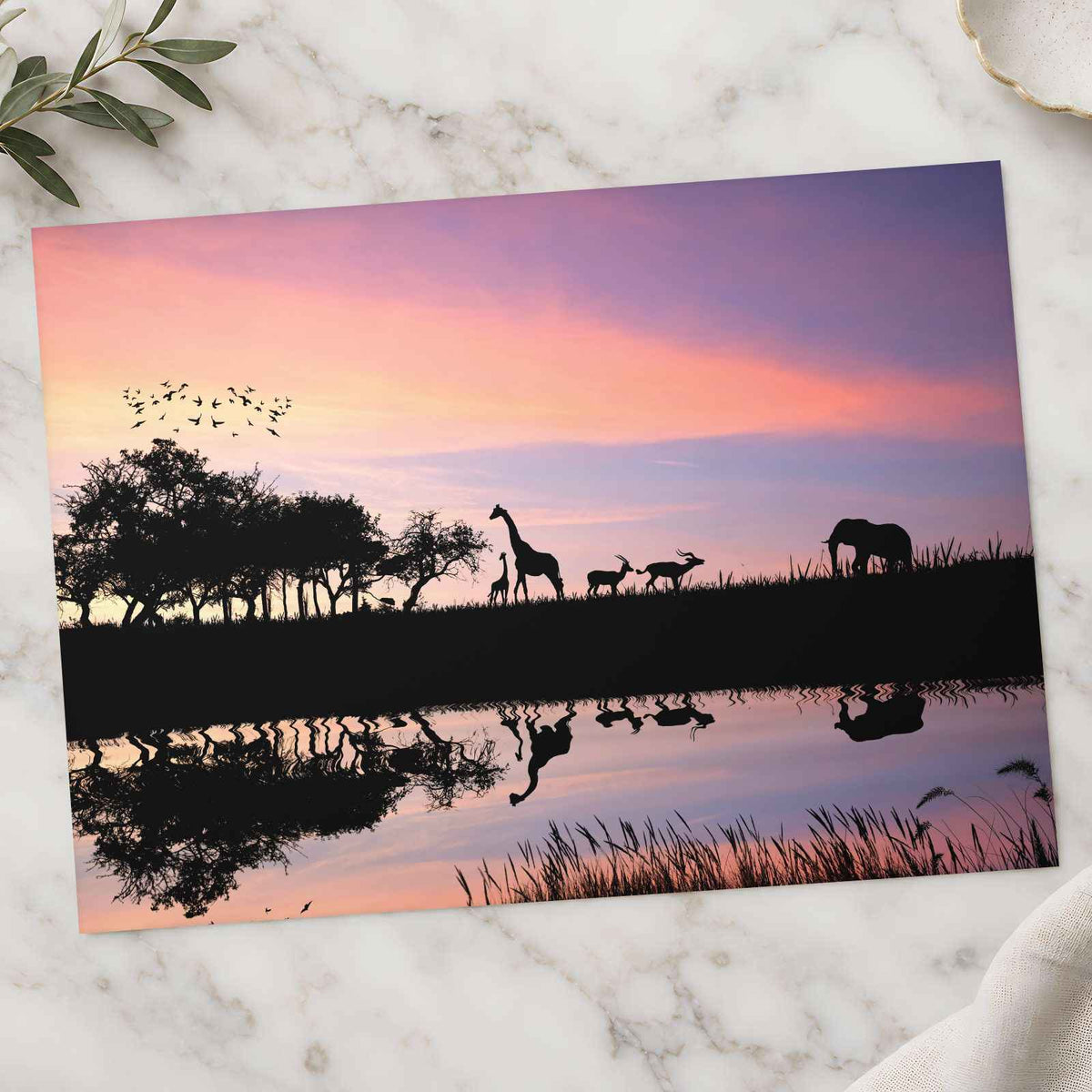Elephant, Giraffes Silhouette in Africa Photo Wall Art (7 Sizes) - Crisp Detail