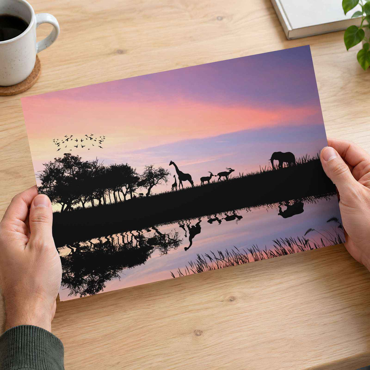 Elephant, Giraffes Silhouette in Africa Photo Wall Art (7 Sizes) - Crisp Detail