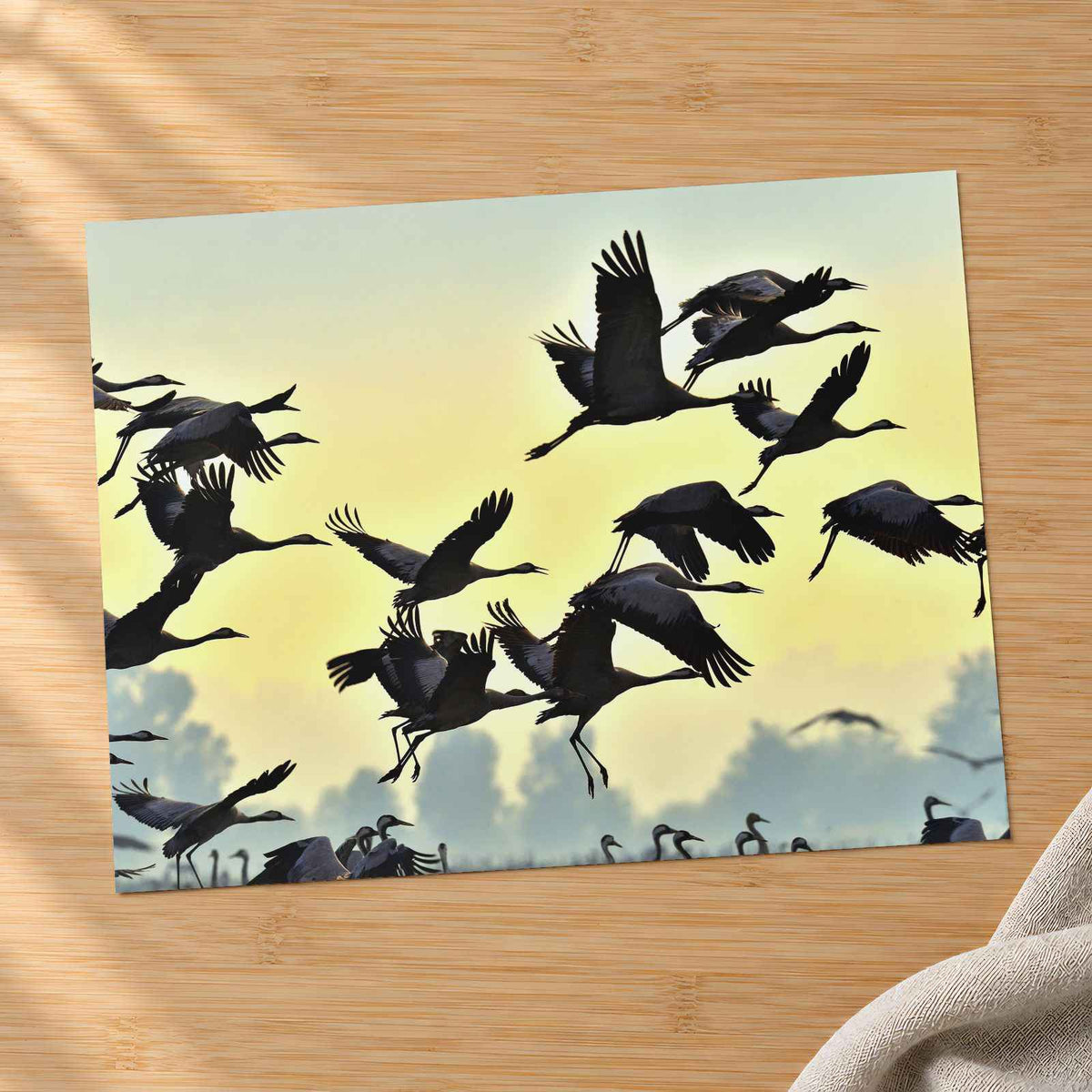 Flock of Cranes Flying Against Yellow Sky Photo Print (7 Sizes) - Printed in USA