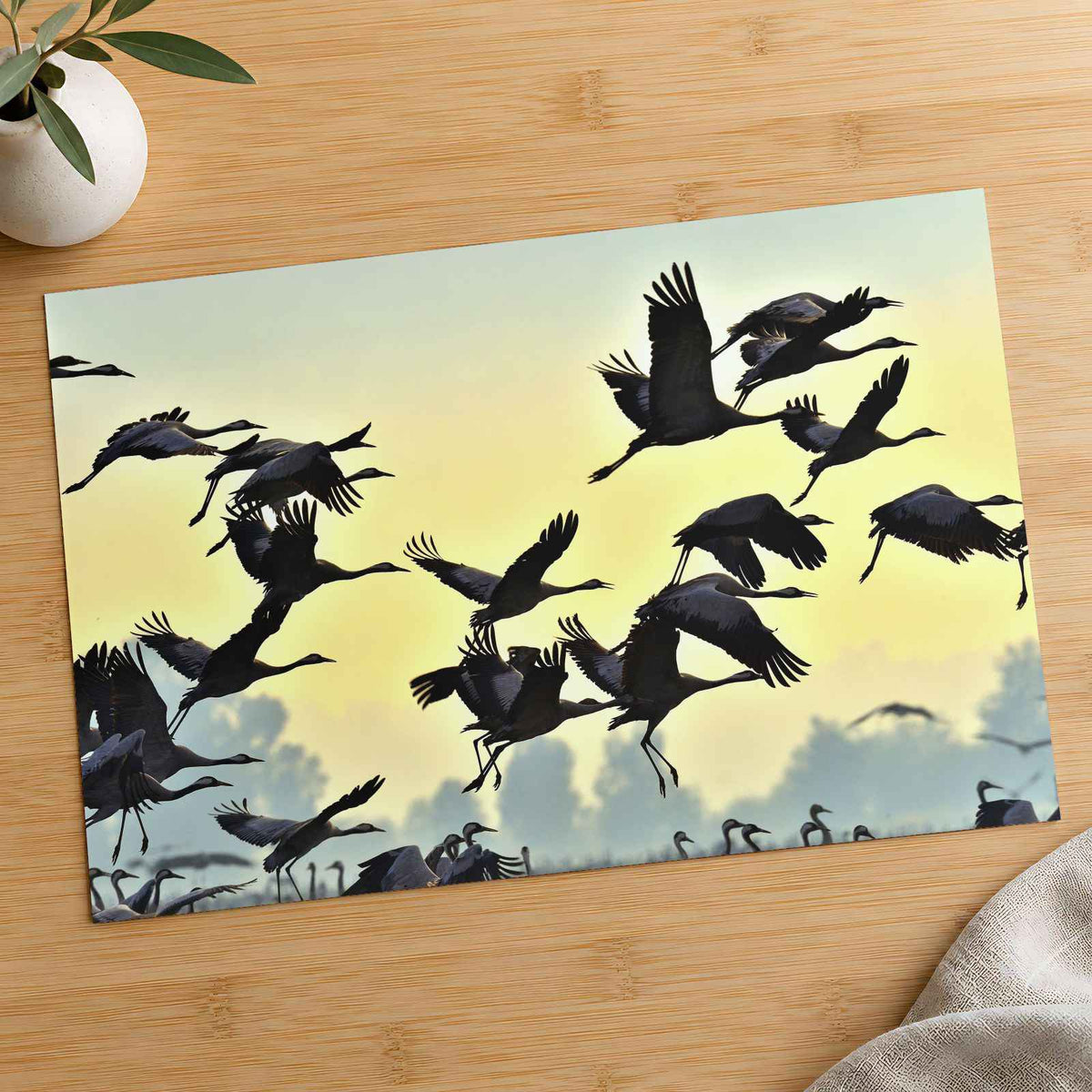 Flock of Cranes Flying Against Yellow Sky Photo Print (7 Sizes) - Printed in USA