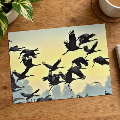 Flock of Cranes Flying Against Yellow Sky Photo Print (7 Sizes) - Printed in USA