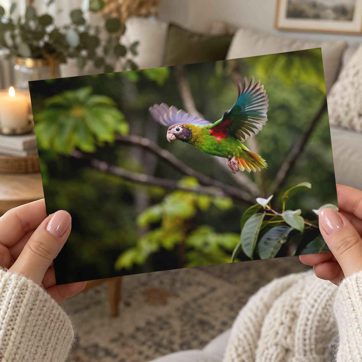 Colorful Parrot Flying Through a Forest Photo Wall Art (7 Sizes) - High Quality