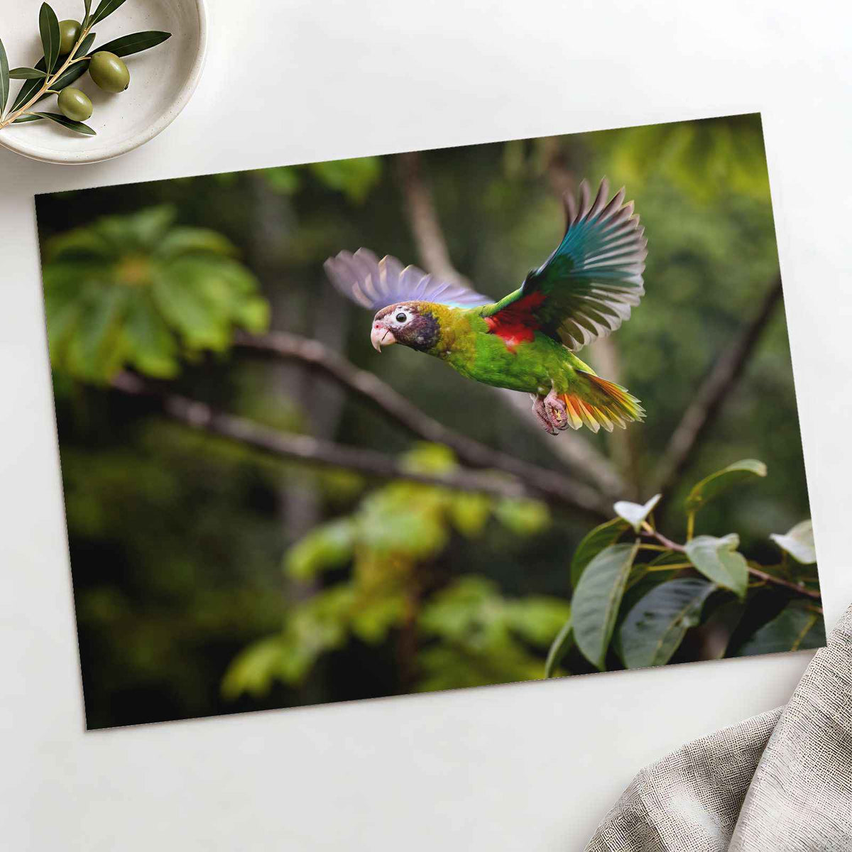 Colorful Parrot Flying Through a Forest by Zdeněk Macháček Photo Print Wall Decor