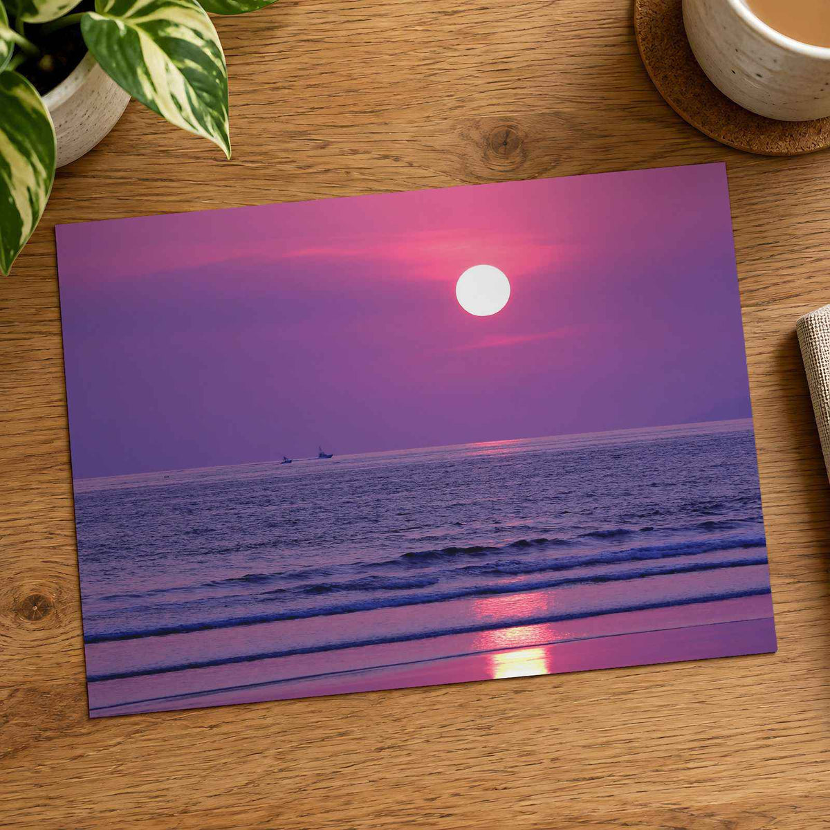 Sun Setting Over Ocean with Violet Sky Photography Print (4 Sizes) - Heavyweight