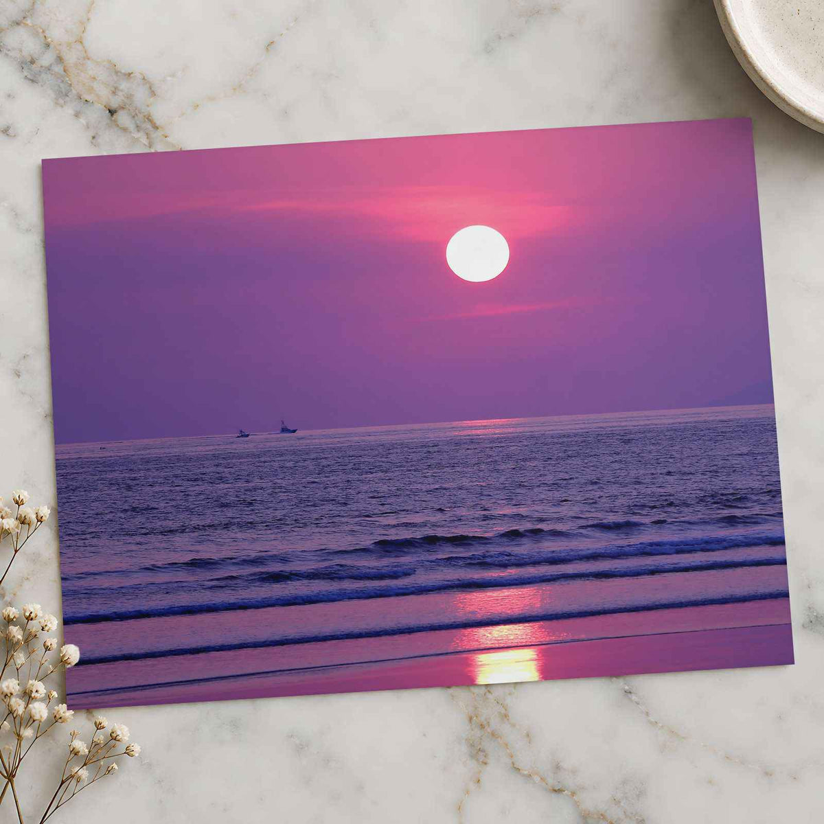 Sun Setting Over Ocean with Violet Sky Photography Print (4 Sizes) - Heavyweight