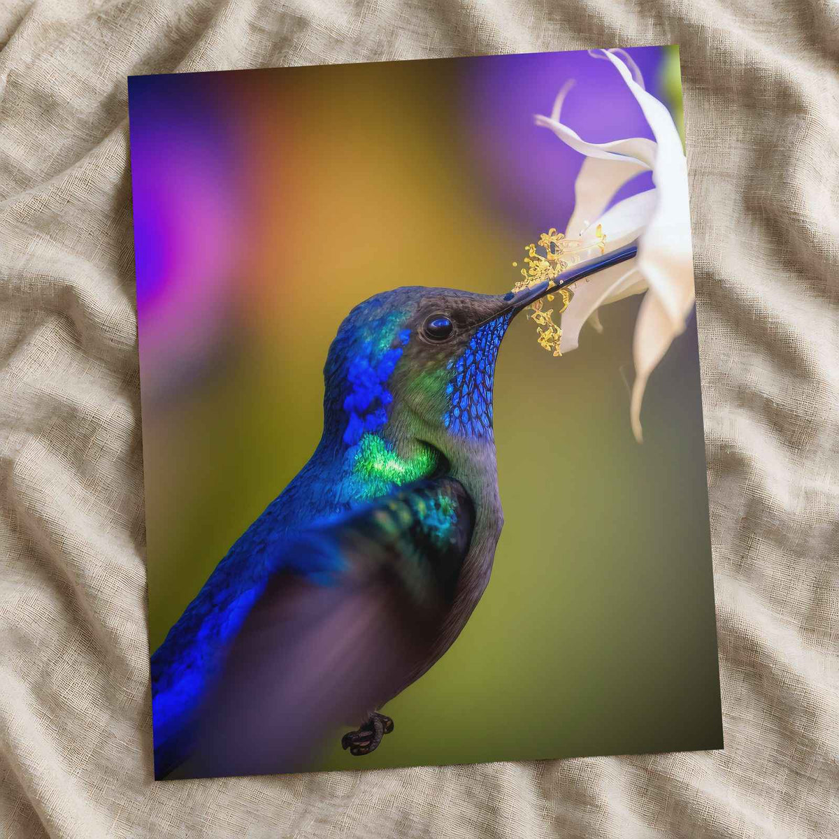 Hummingbird Feeding from a White Flower Photo Wall Print (7 Sizes) - Frameable