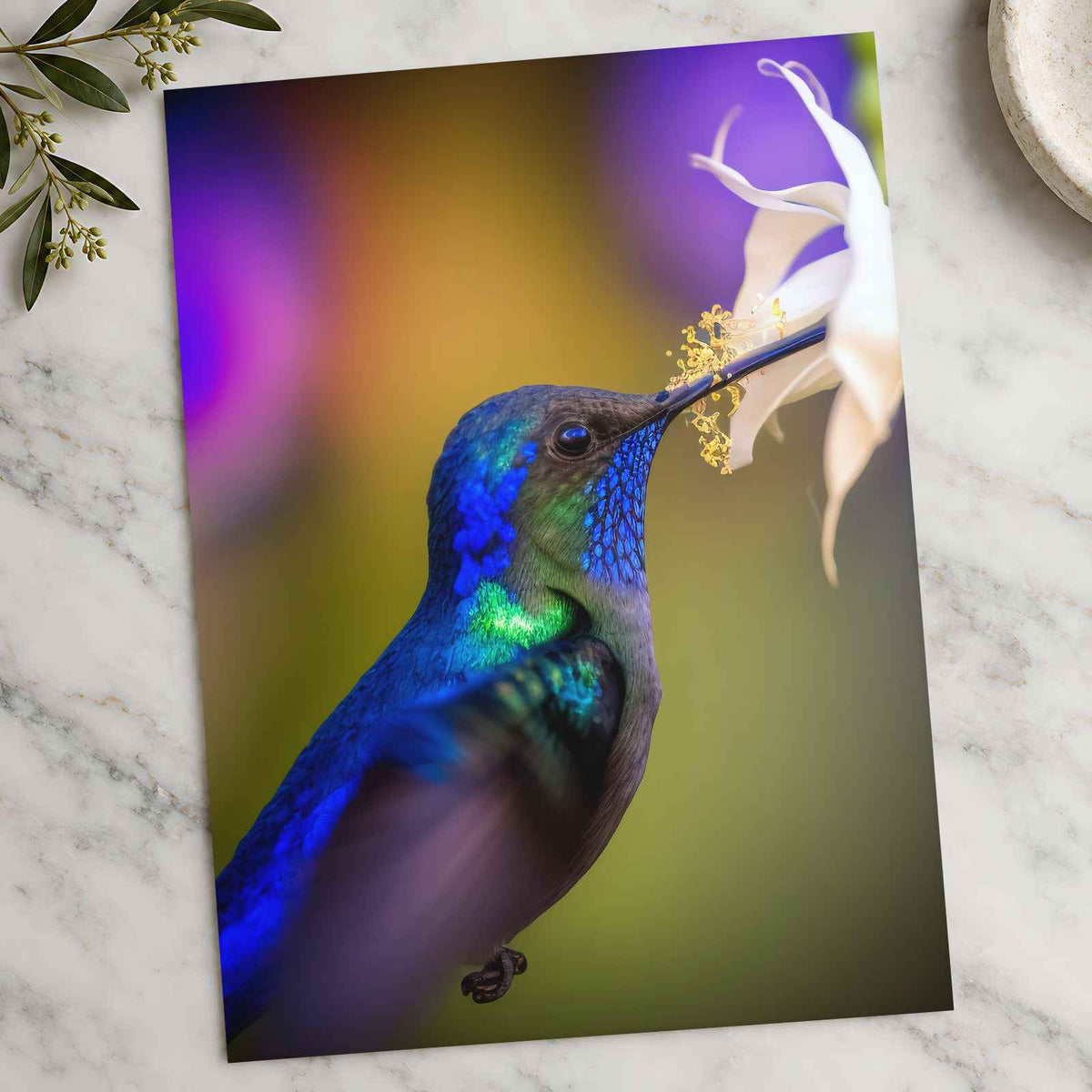 Hummingbird Feeding from a White Flower Photo Wall Print (7 Sizes) - Frameable