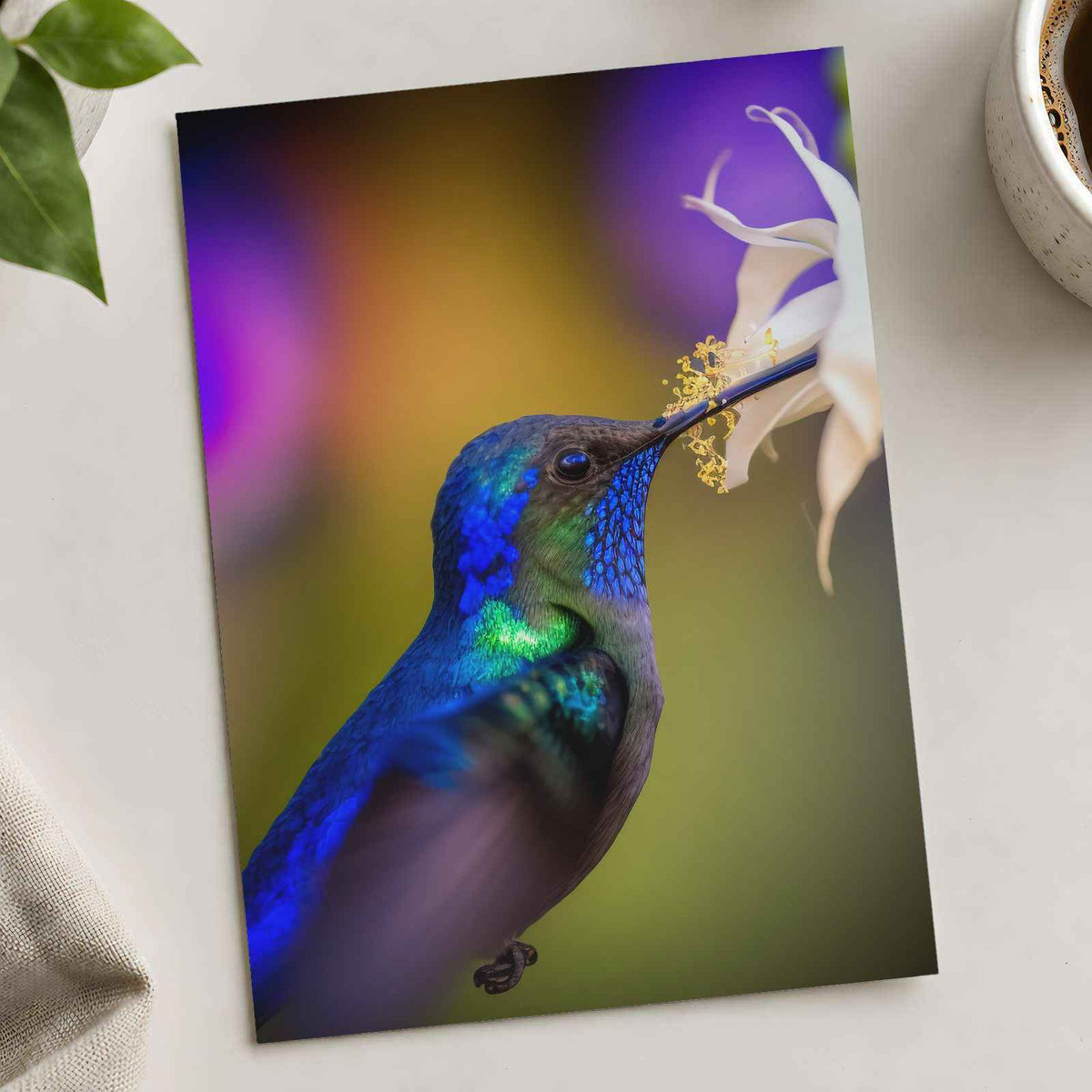 Hummingbird Feeding from a White Flower Photo Wall Print (7 Sizes) - Frameable