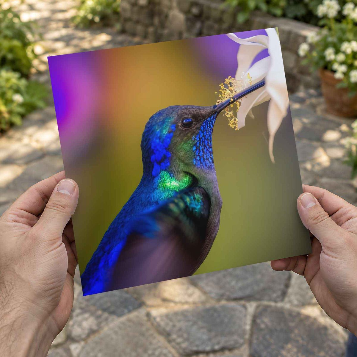 Hummingbird Feeding from a White Flower Photo Wall Print (7 Sizes) - Frameable