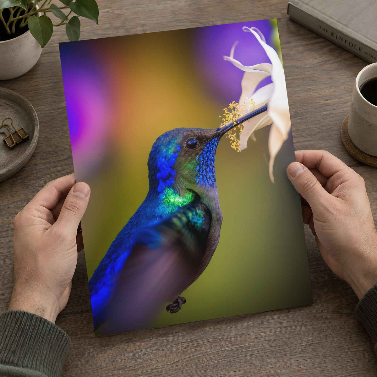 Hummingbird Feeding from a White Flower Photo Wall Print (7 Sizes) - Frameable