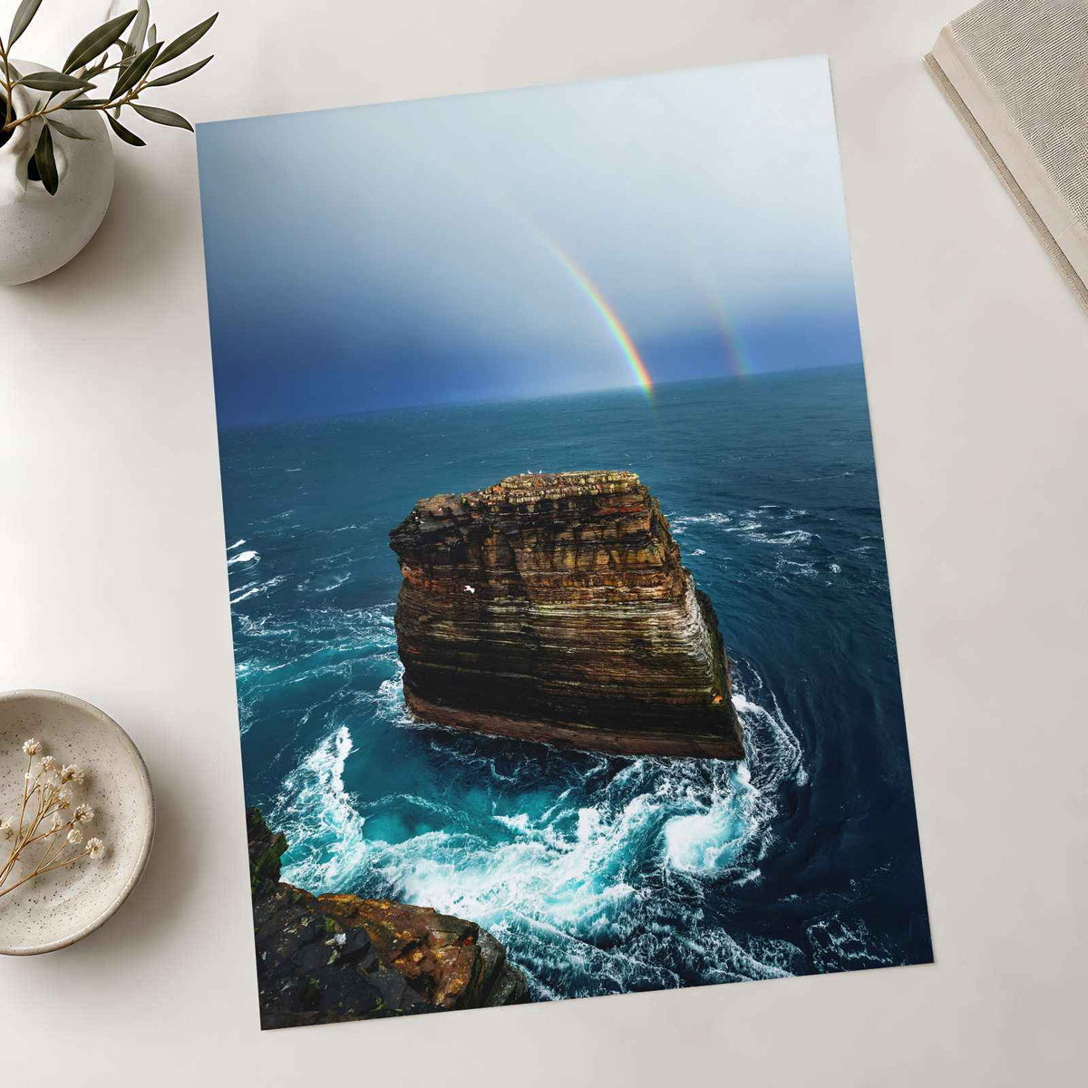 Rainbow Over Ocean Near Rocky Cliff Photography Print (7 Sizes) - Satin Luster