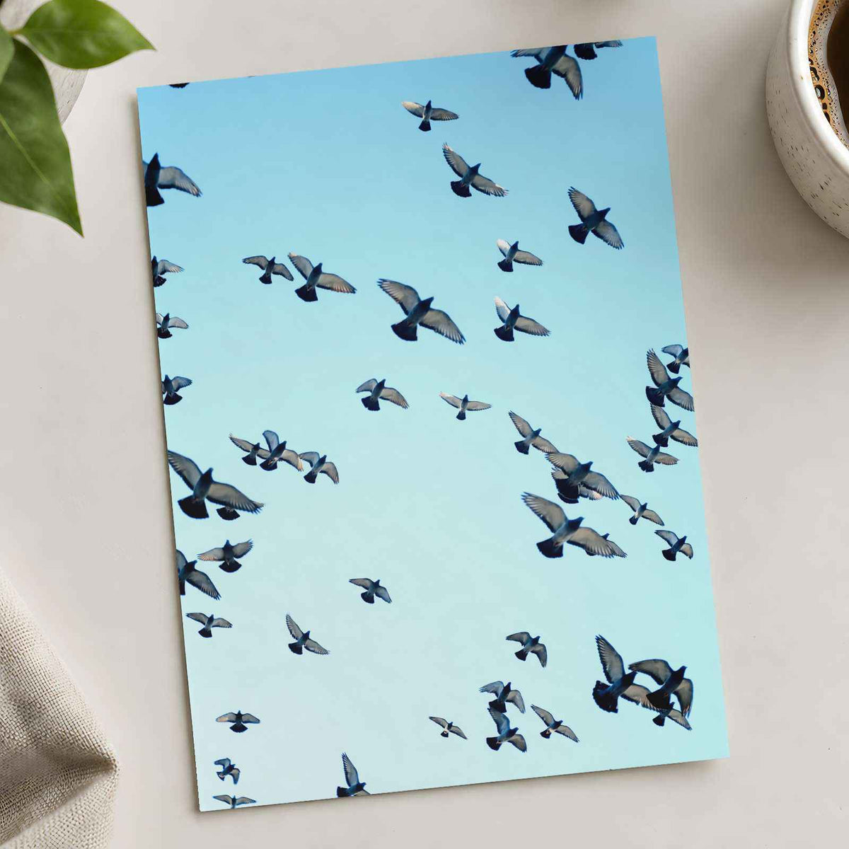 Flock of Pigeons Flying in Clear Blue Sky Photographic Art Print (7 Sizes)