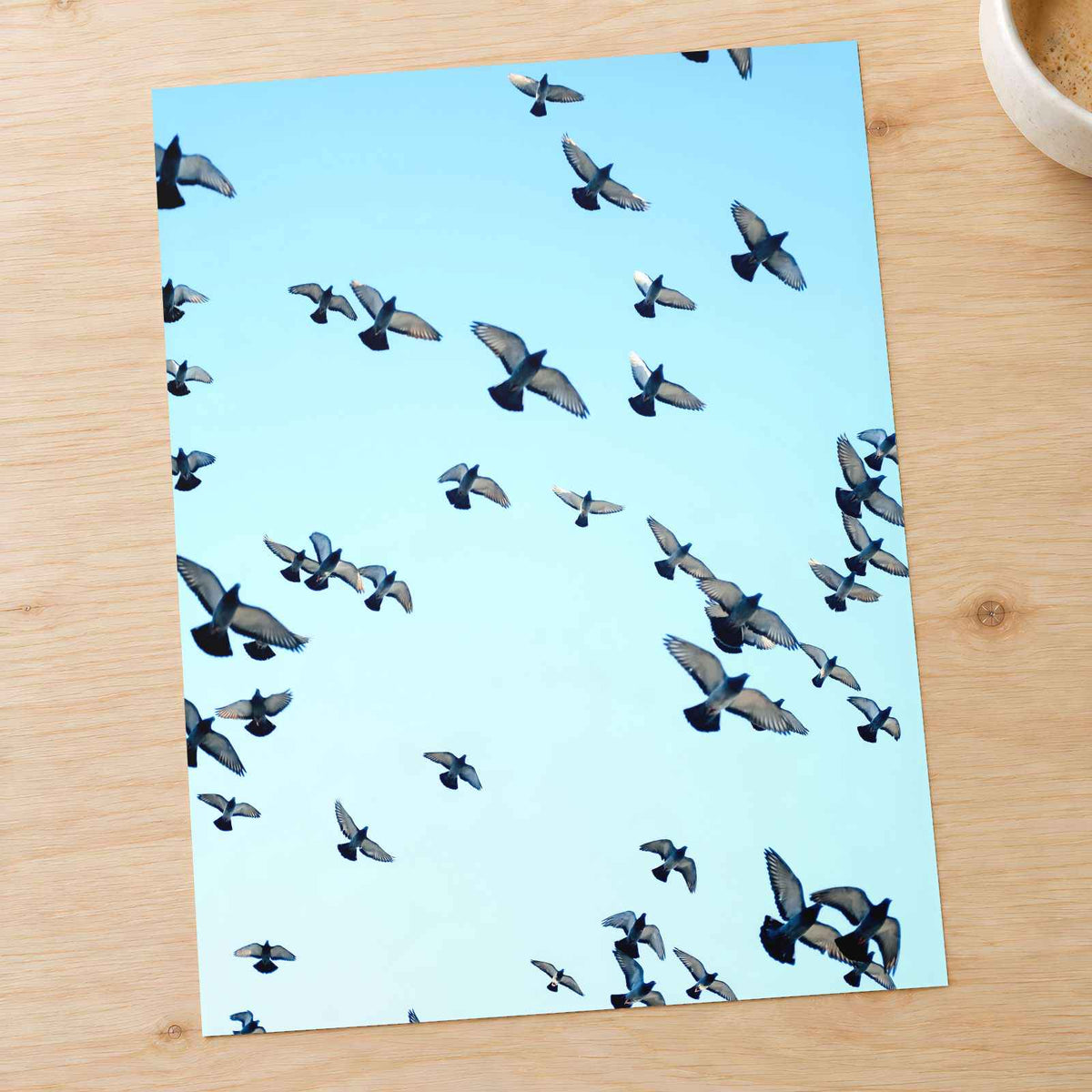 Flock of Pigeons Flying in Clear Blue Sky Photographic Art Print (7 Sizes)