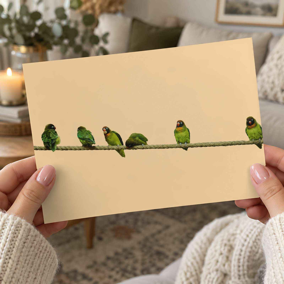 Group of Green Birds Sitting on Wire Ohio Photo Wall Art (7 Sizes)