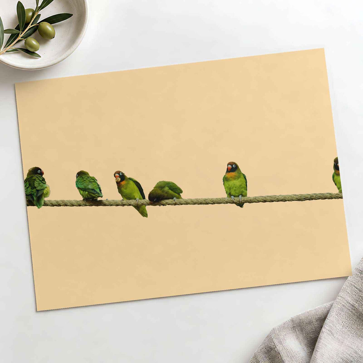 Group of Green Birds Sitting on Wire by Cphotos Photo Print Wall Decor