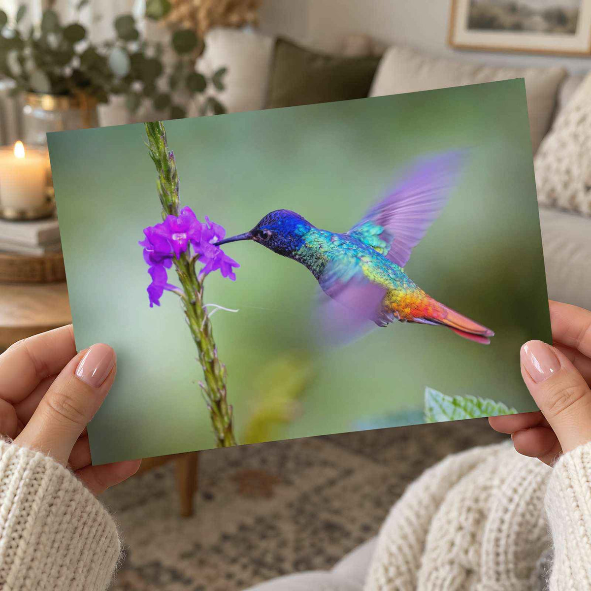 Hummingbird Hovering Over Purple Flower Photo Print (7 Sizes) - Shipped Flat