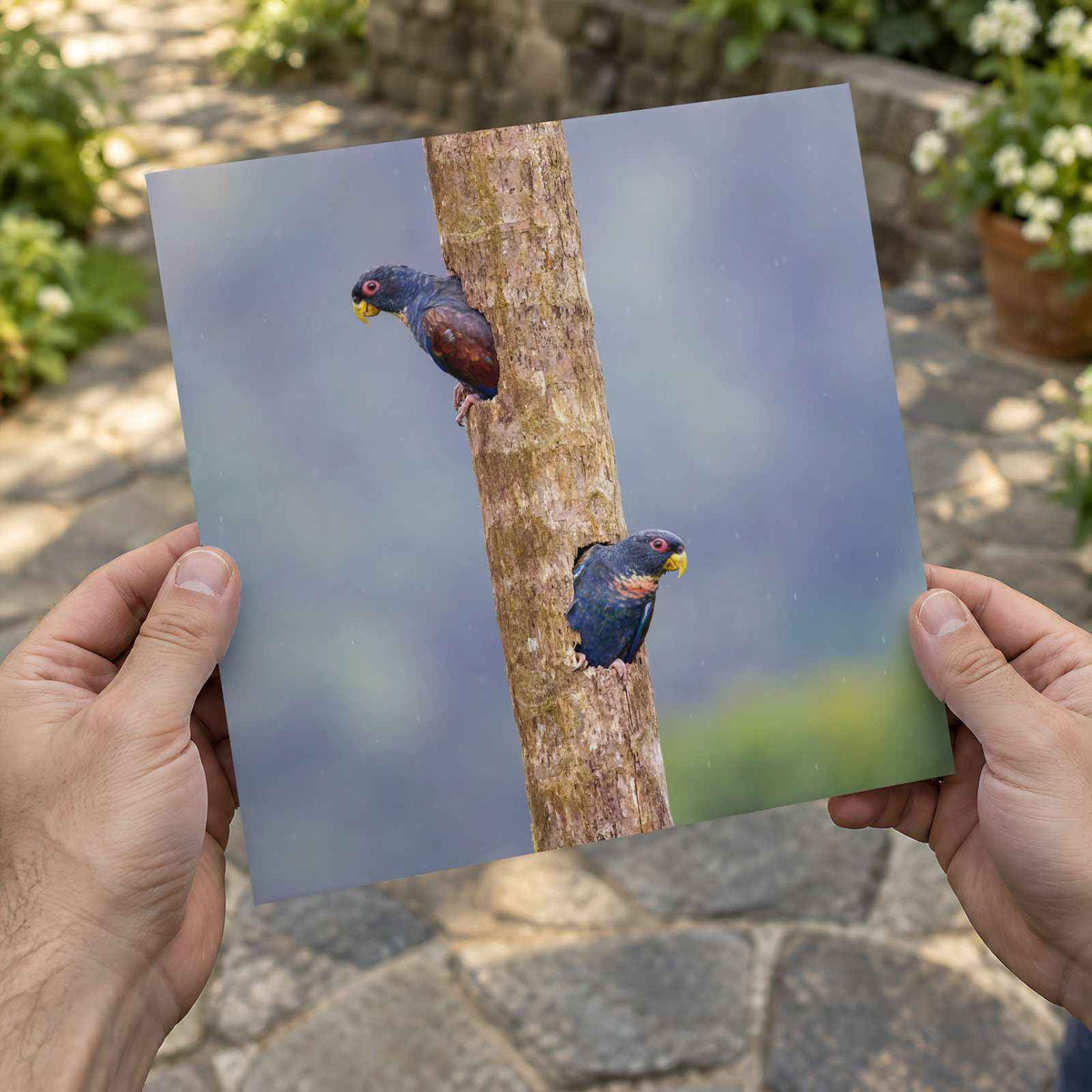Parrots Peeking Out of Tree Photography Print (7 Sizes) - Frameable