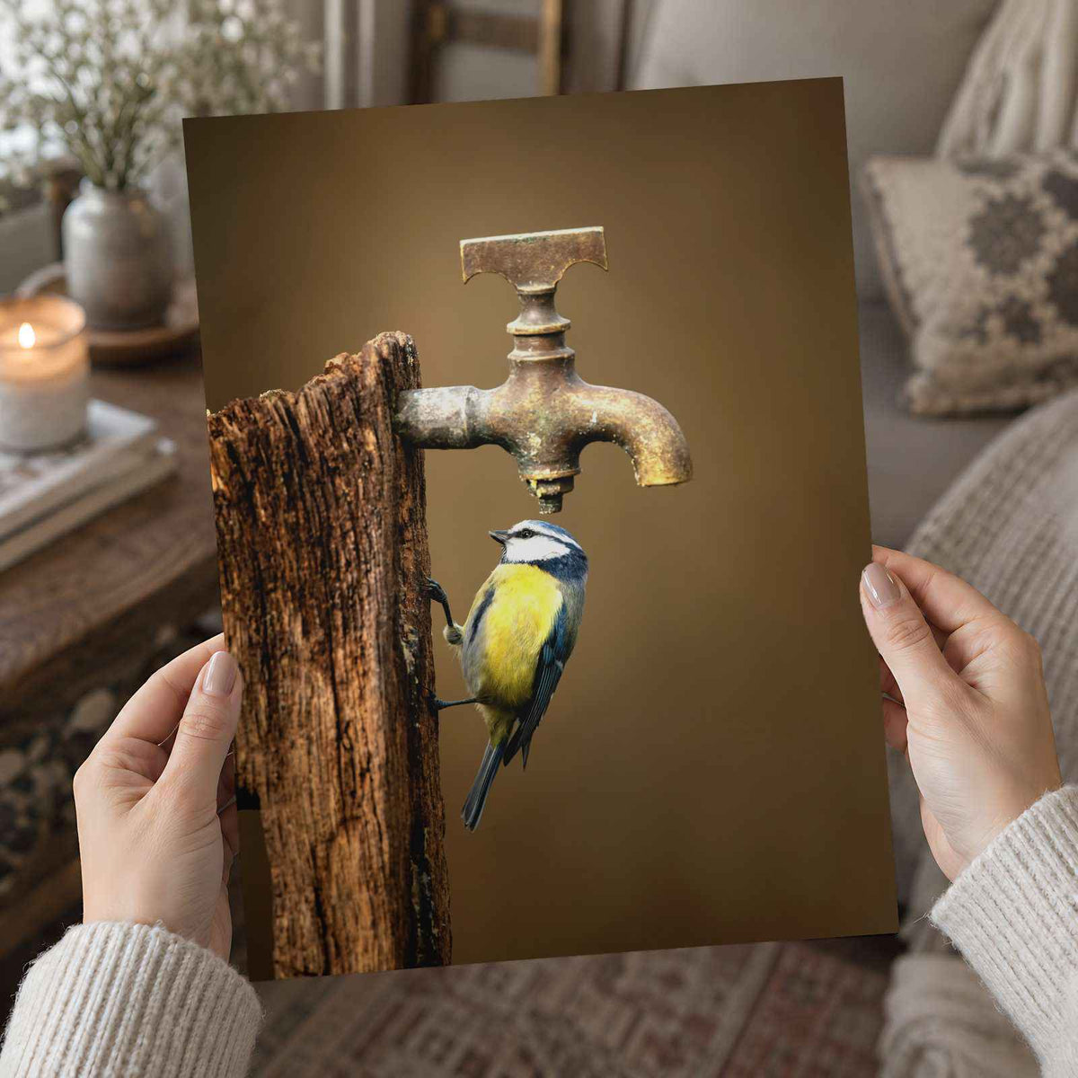 Blue Tit under Water Tap Photography Print (6 Sizes) - Premium Quality