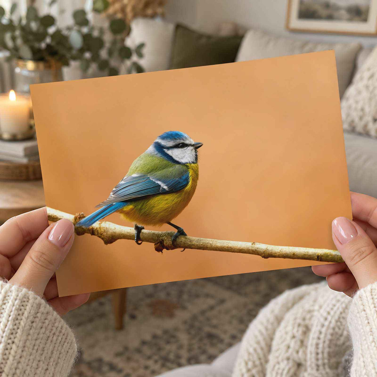 Beautiful Blue Tit Bird, Orange Background Photo Wall Art (7 Sizes) - Frameable