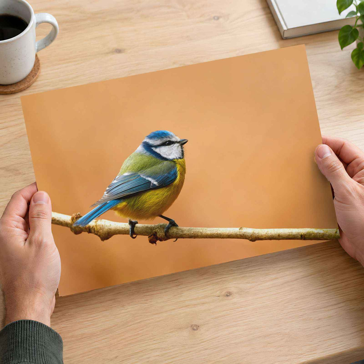 Beautiful Blue Tit Bird, Orange Background Photo Wall Art (7 Sizes) - Frameable