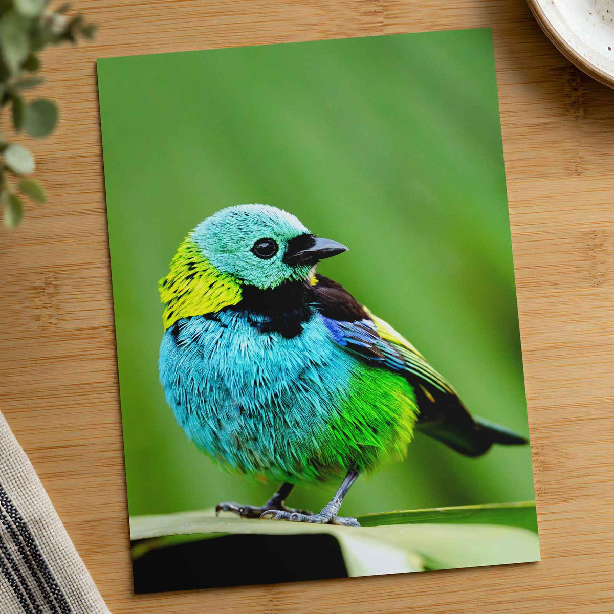 Small Colorful Bird Perched on Leaf Photo Wall Print (7 Sizes) - Printed in USA