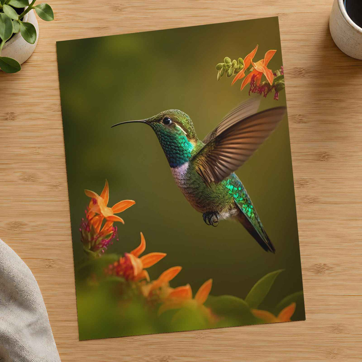 Hummingbird Flying Near Flowers Photo Wall Print (7 Sizes) - Crisp Detail