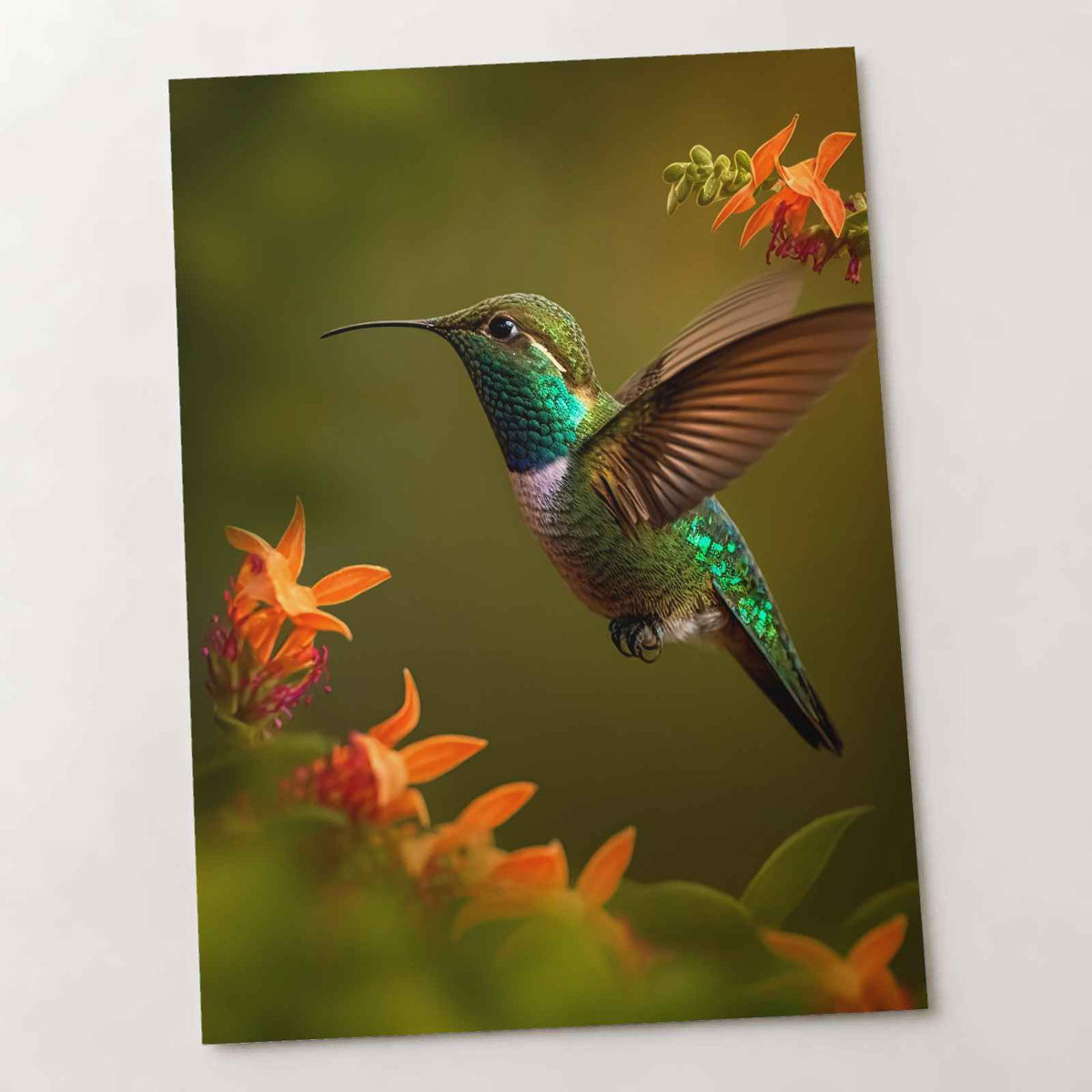 Hummingbird Flying Near Flowers Photo Wall Print (7 Sizes) - Crisp Detail