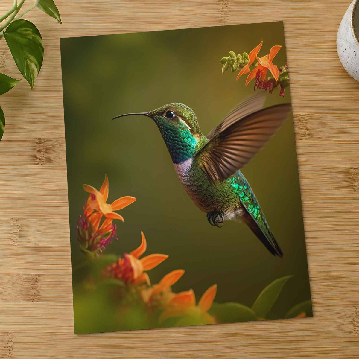 Hummingbird Flying Near Flowers Photo Wall Print (7 Sizes) - Crisp Detail