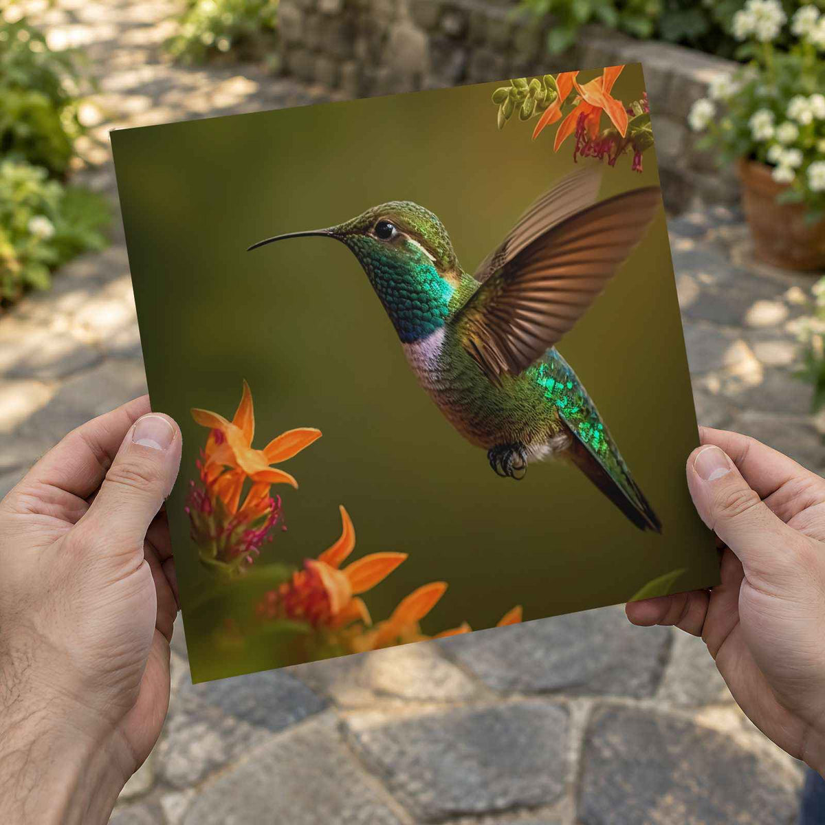 Hummingbird Flying Near Flowers Photo Wall Print (7 Sizes) - Crisp Detail