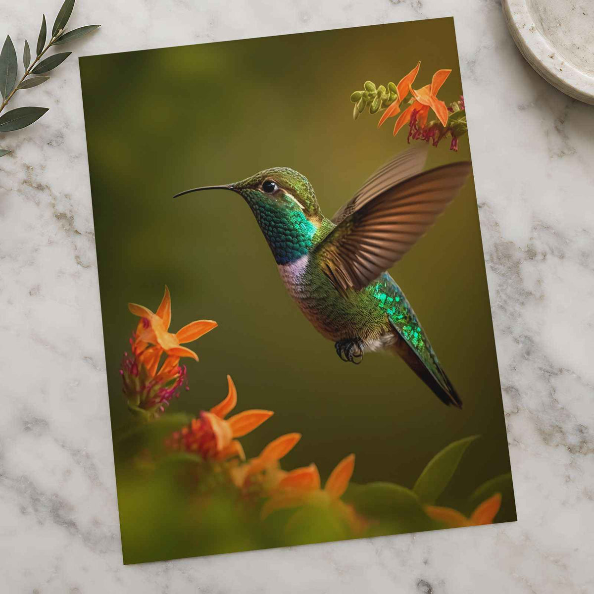 Hummingbird Flying Near Flowers Photo Wall Print (7 Sizes) - Crisp Detail