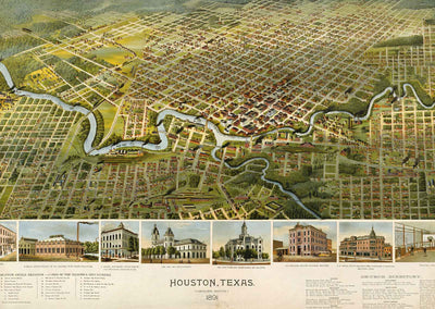 Vintage Aerial Map of Houston, Texas Art Print (6 Sizes) - Bird's Eye View