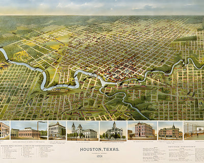 Vintage Aerial Map of Houston, Texas 8x10" Art Print - Bird's Eye View