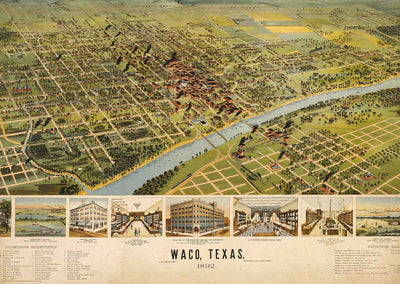 Waco, Texas Birds Eye View Vintage Map Premium Art Print (6 Sizes) - Aerial