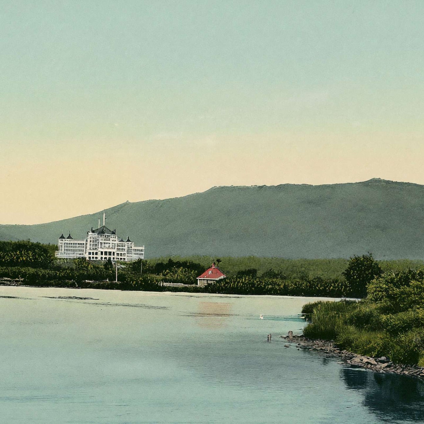 White Mountains Mount Washington Hotel from Lake Caroline in 1907 Vintage Print