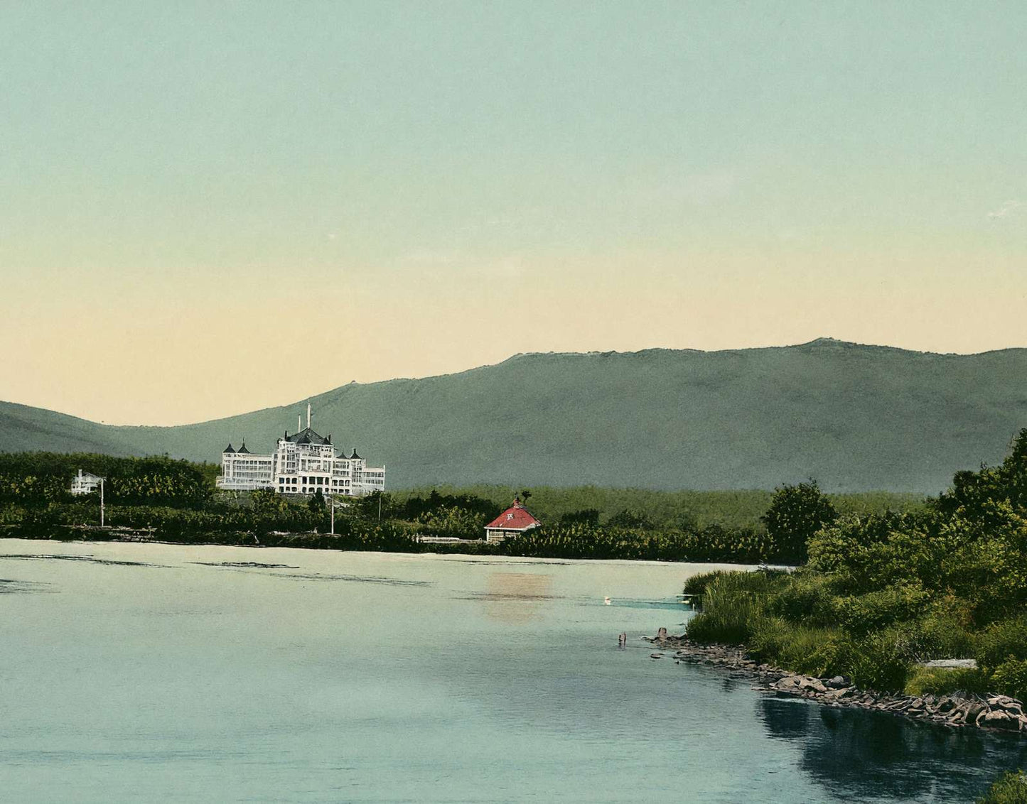 White Mountains Mount Washington Hotel from Lake Caroline in 1907 Vintage Print
