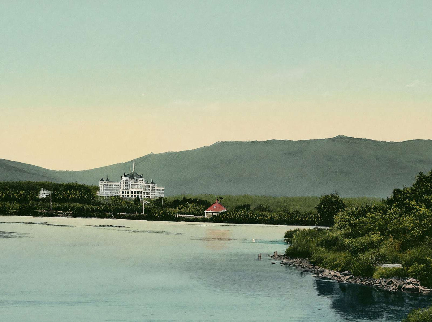 White Mountains Mount Washington Hotel from Lake Caroline in 1907 Vintage Print