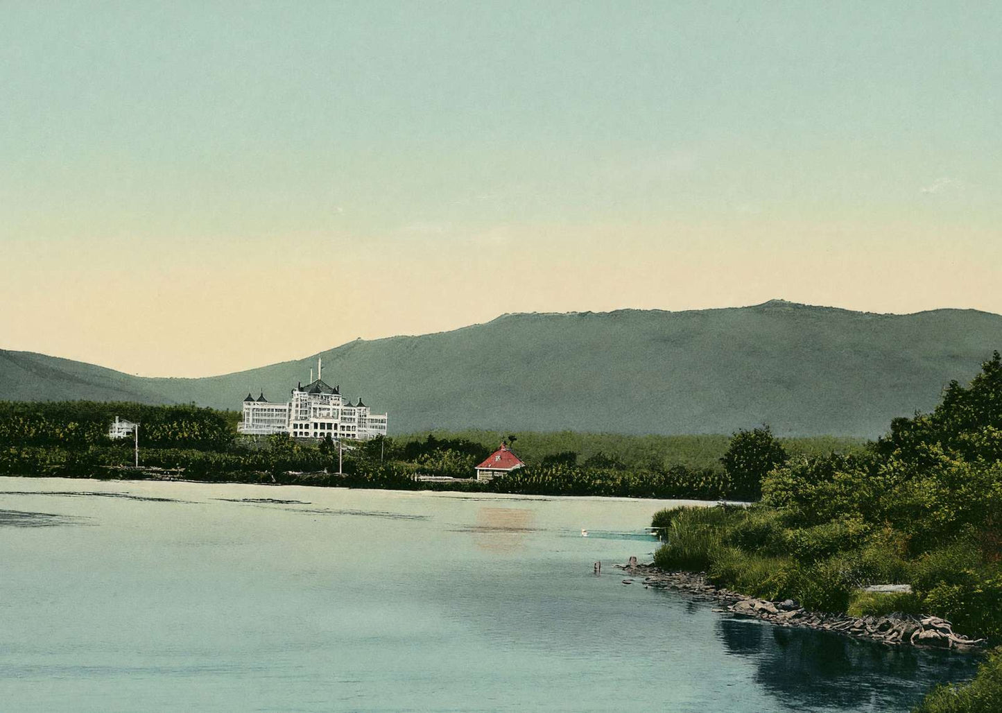 White Mountains Mount Washington Hotel from Lake Caroline in 1907 Vintage Print