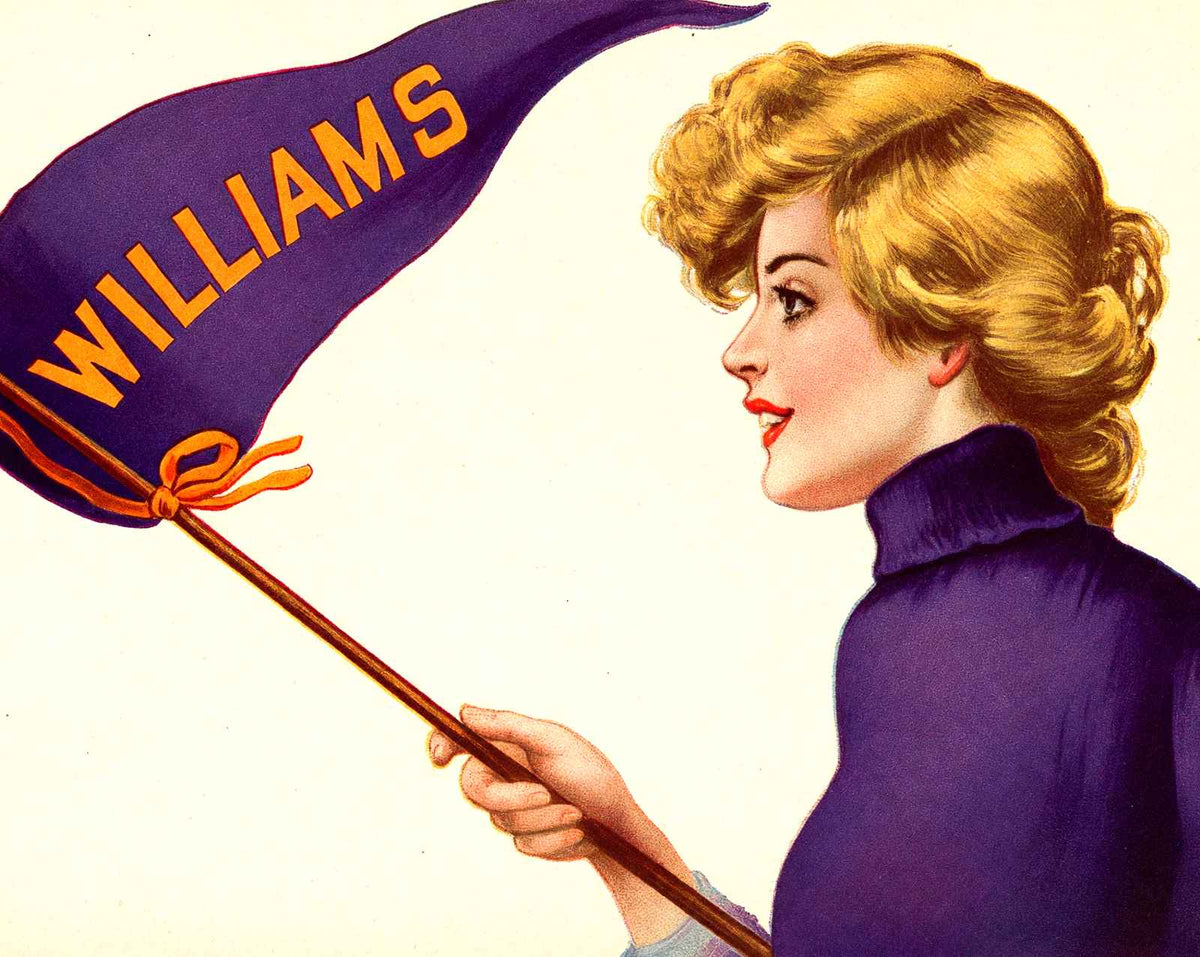 Williams College Girl with Flag and Crest vintage print