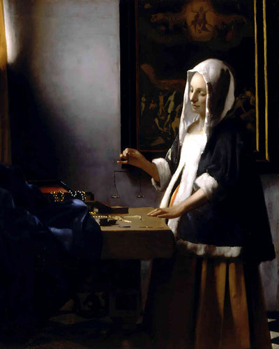 Woman Holding a Balance Painting by Johannes Vermeer 8x10" Art Print - Restored