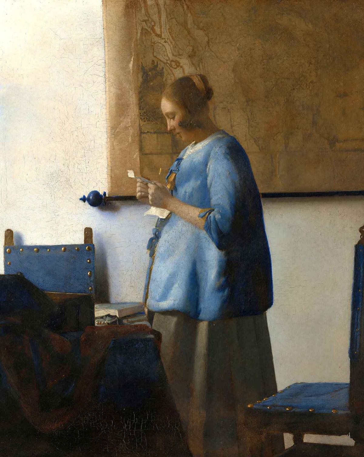 Woman Reading a Letter (Woman in Blue Reading a Letter) painting print by Johannes Vermeer (1663)