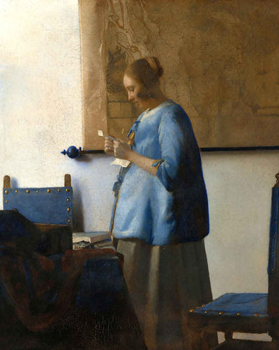 Woman Reading a Letter (Woman in Blue Reading a Letter) painting print by Johannes Vermeer (1663)