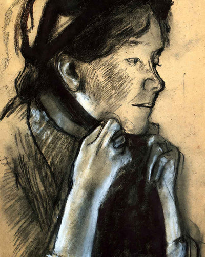 Woman Tying the Ribbons of Her Hat drawing print by Edgar Degas (1882)