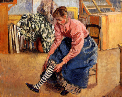 Woman Putting on Her Stockings painting print by Camille Pissarro (1895)