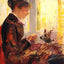Woman by a Window Feeding Her Dog art print by Mary Cassatt (1880)