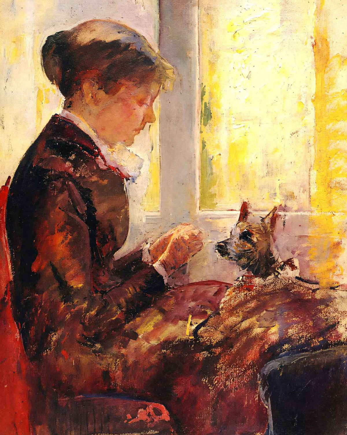 Woman by a Window Feeding Her Dog art print by Mary Cassatt (1880)