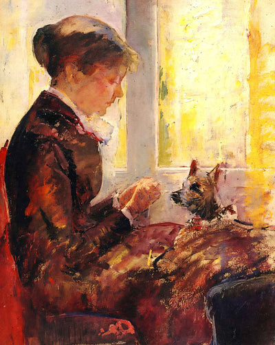 Woman by a Window Feeding Her Dog art print by Mary Cassatt (1880)