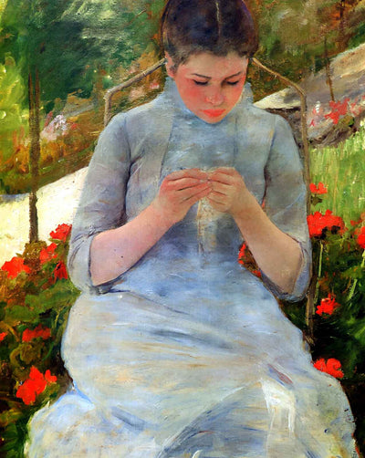 Woman with Needlework art print by Mary Cassatt (1882)