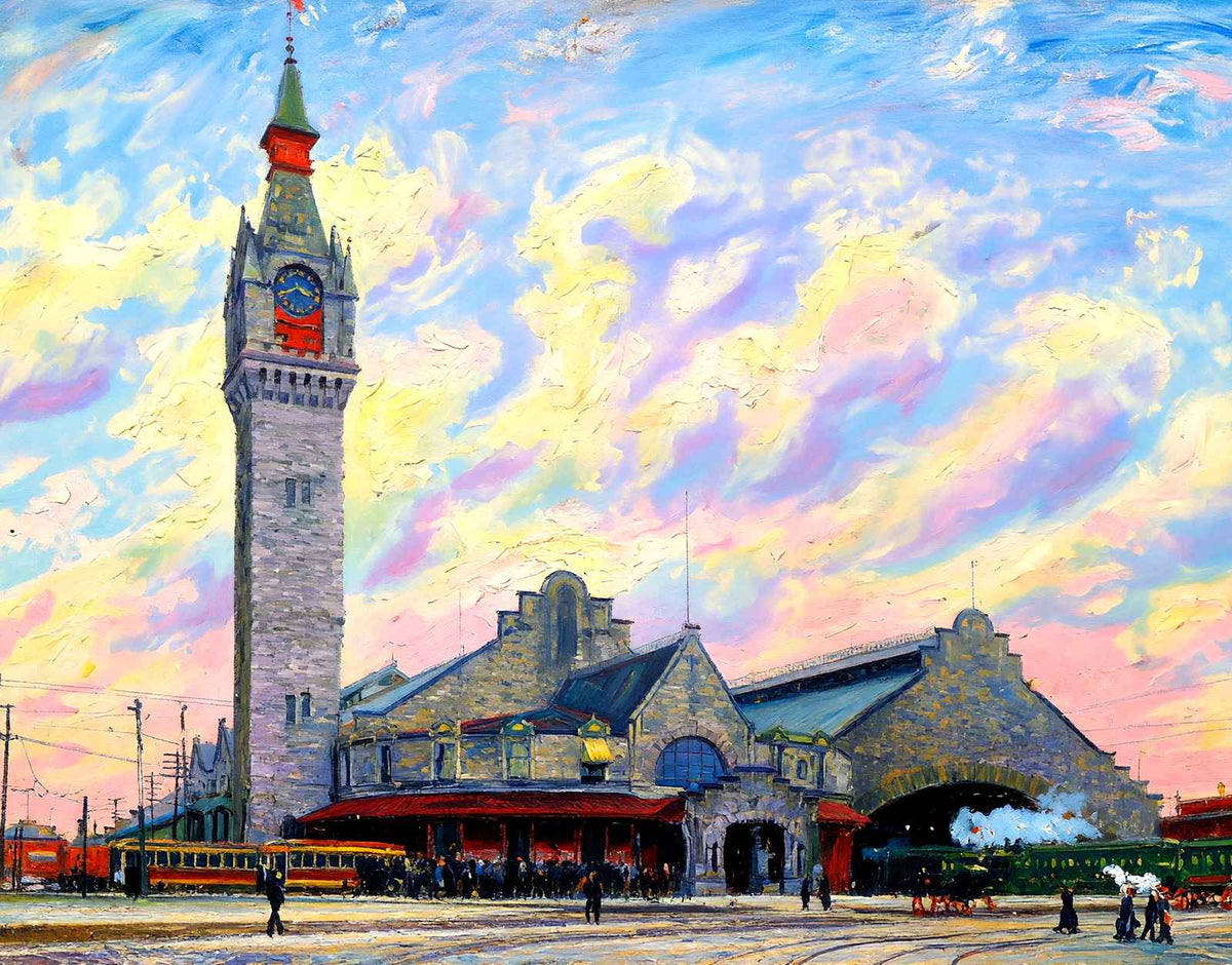 Union Station, Worcester, Massachusetts in 1904 Painting Print (7 Sizes)