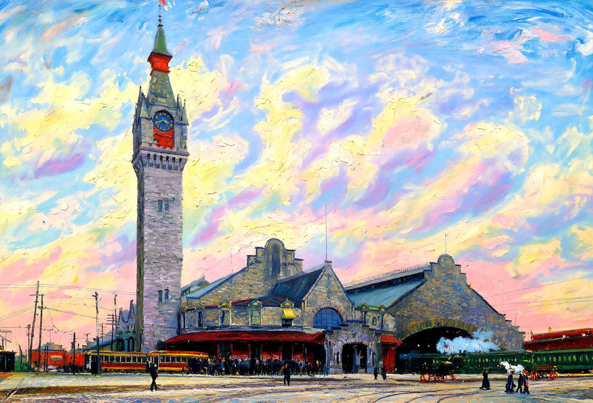 Union Station, Worcester, Massachusetts in 1904 Painting Print (7 Sizes)