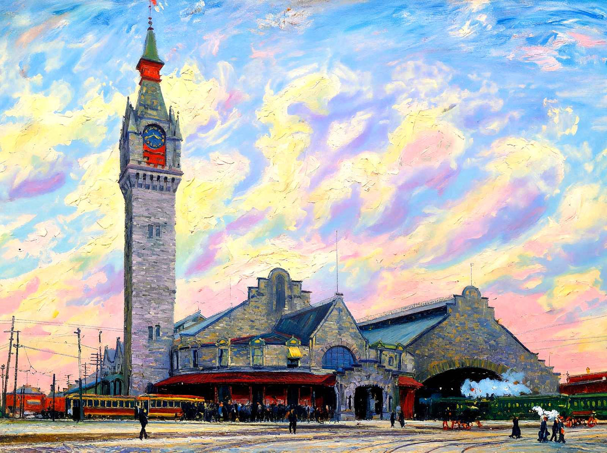 Union Station, Worcester, Massachusetts in 1904 Painting Print (7 Sizes)